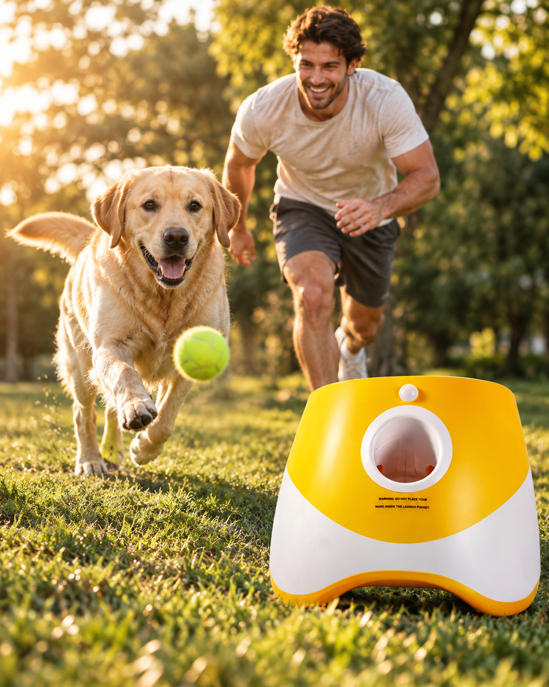 Dog playing fetch with the SOMA automatic ball launcher