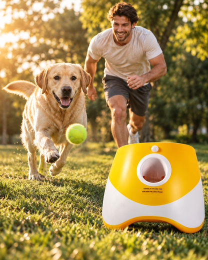 Dog playing fetch with the SOMA automatic ball launcher