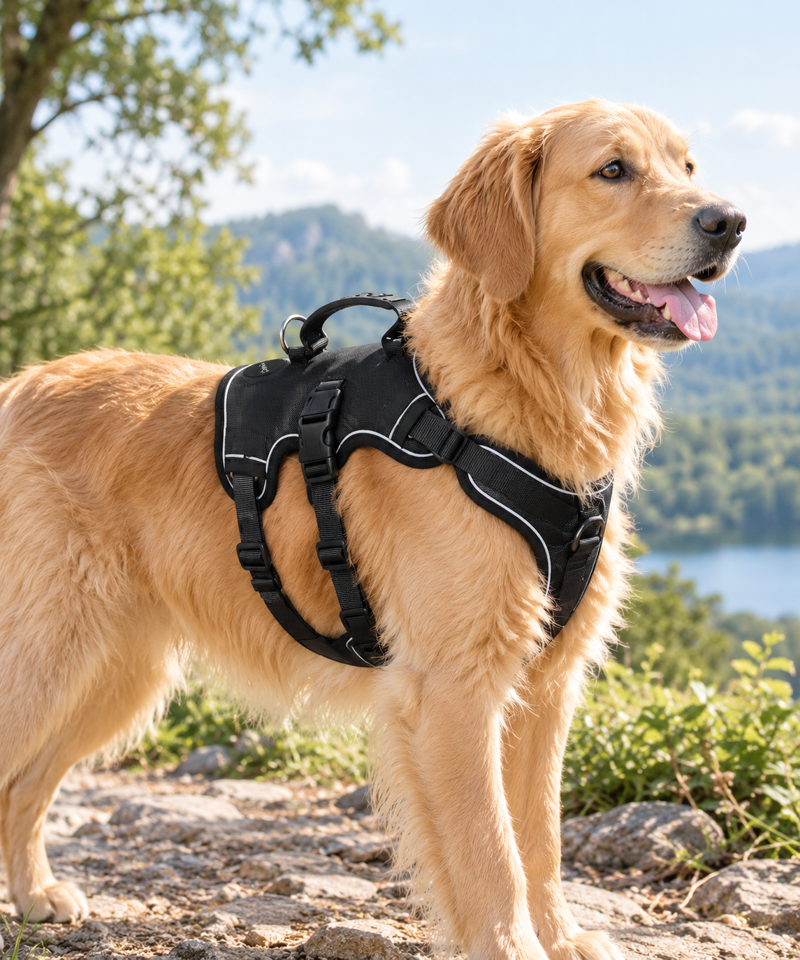 Dog wearing the SOMA Oxford dog harness on a walk